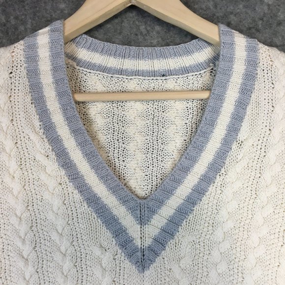 Lauren Ralph Lauren Sweater S M Preppy Cable Knit Blue Ivory V Neck Cuffed Braid - Picture 2 of 11